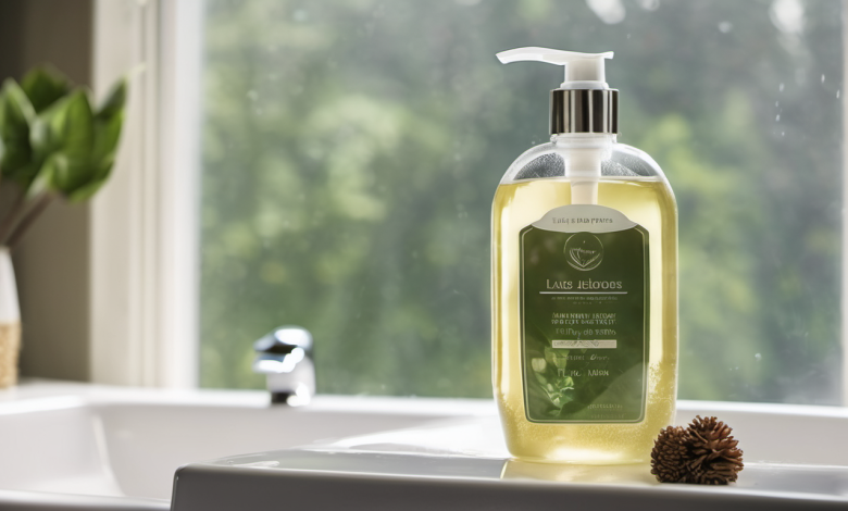 AI-generated image: A white soap dish with a yellow liquid soap dispenser is the main foreground subject.