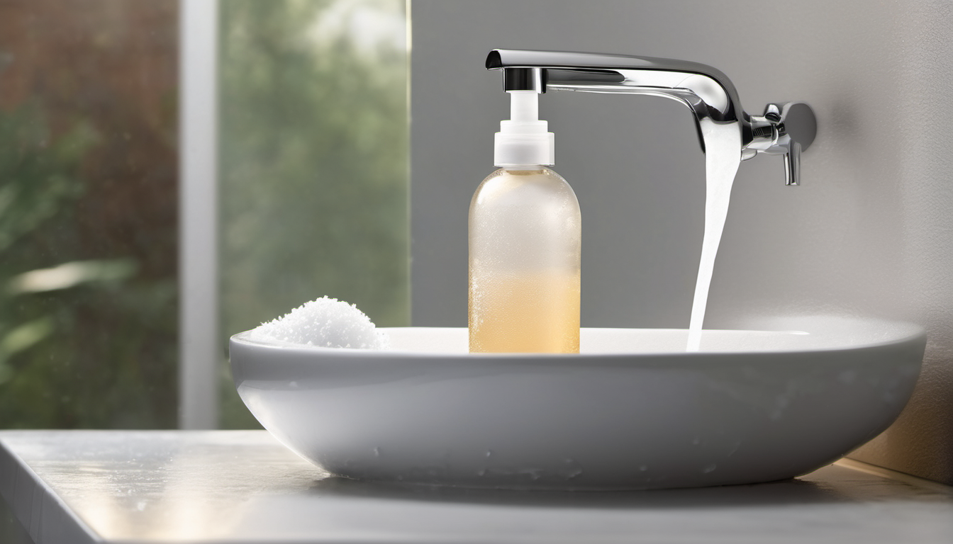AI-generated image: A gray ceramic sink with a chrome faucet and a soap dispenser.