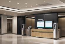 AI-generated image: The main foreground subject is a modern bank teller station with a dark gray countertop and a wooden front panel.