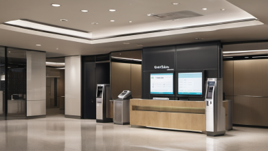 AI-generated image: The main foreground subject is a modern bank teller station with a dark gray countertop and a wooden front panel.