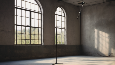 AI-generated image: A black microphone stand with a microphone is centered in a large, empty room.
