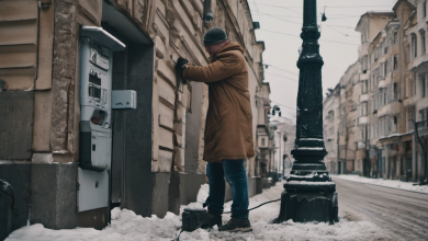 AI-generated image: A man is standing on a snow-covered street, facing a small, gray ATM machine.