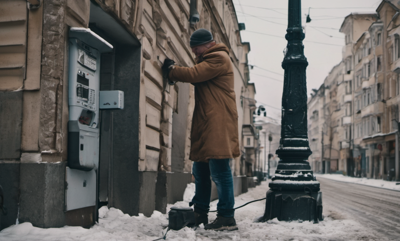 AI-generated image: A man is standing on a snow-covered street, facing a small, gray ATM machine.