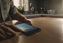 AI-generated image: A man is sitting at a wooden table, using a smartphone.