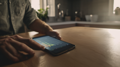 AI-generated image: A man is sitting at a wooden table, using a smartphone.