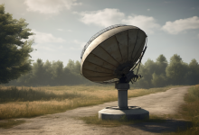 AI-generated image: A large, silver satellite dish is the main subject.