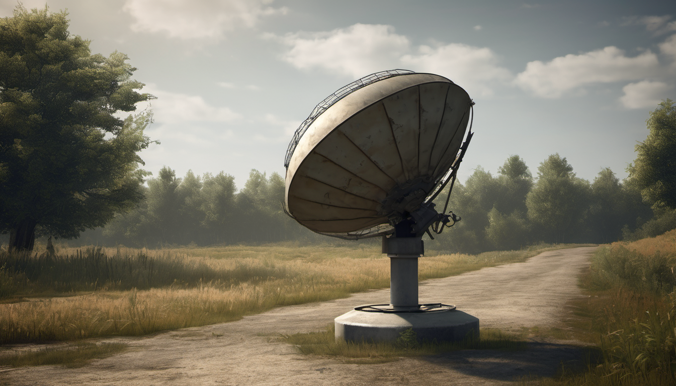 AI-generated image: A large, silver satellite dish is the main subject.