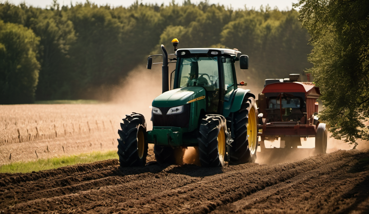AI-generated image: The main foreground subject is a green tractor with a yellow cab and a yellow top.