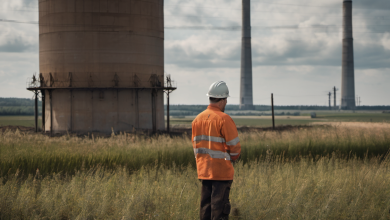 AI-generated image: The image shows a man wearing an orange high-visibility safety vest and a white hard hat, standing in a grassy field.