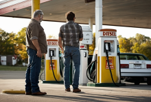 AI-generated image: Two men are standing side-by-side near a gas pump.