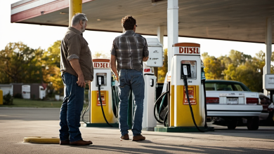 AI-generated image: Two men are standing side-by-side near a gas pump.