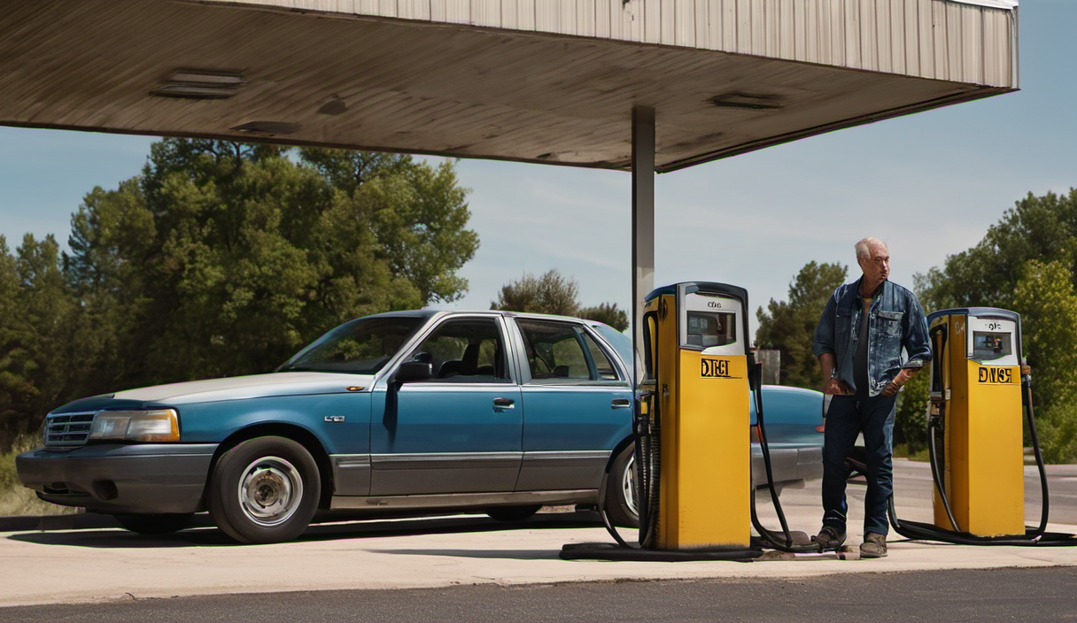 AI-generated image: The image shows a man standing next to two yellow fuel pumps at a gas station.
