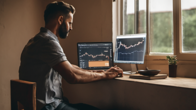 AI-generated image: A man with a beard and short hair is sitting at a wooden desk near a window.