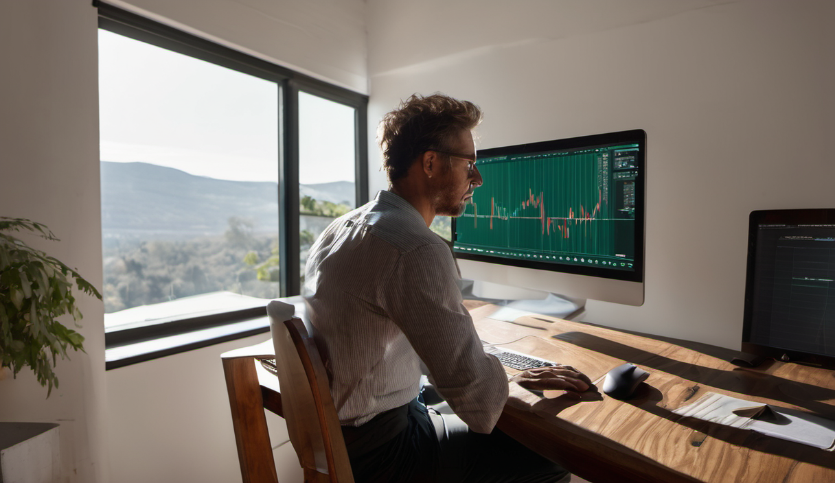 AI-generated image: A man is sitting at a wooden desk, facing a computer monitor.