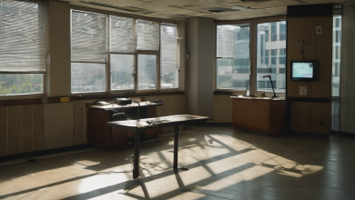AI-generated image: A dark, empty office room with a large wooden table in the foreground.