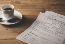 AI-generated image: A wooden table with a white cup of coffee and saucer, and a stack of white documents.