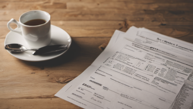 AI-generated image: A wooden table with a white cup of coffee and saucer, and a stack of white documents.