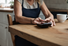 AI-generated image: A woman is sitting at a wooden table, using a smartphone.