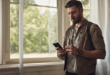 AI-generated image: A man is standing near a window, holding a smartphone in his hands.