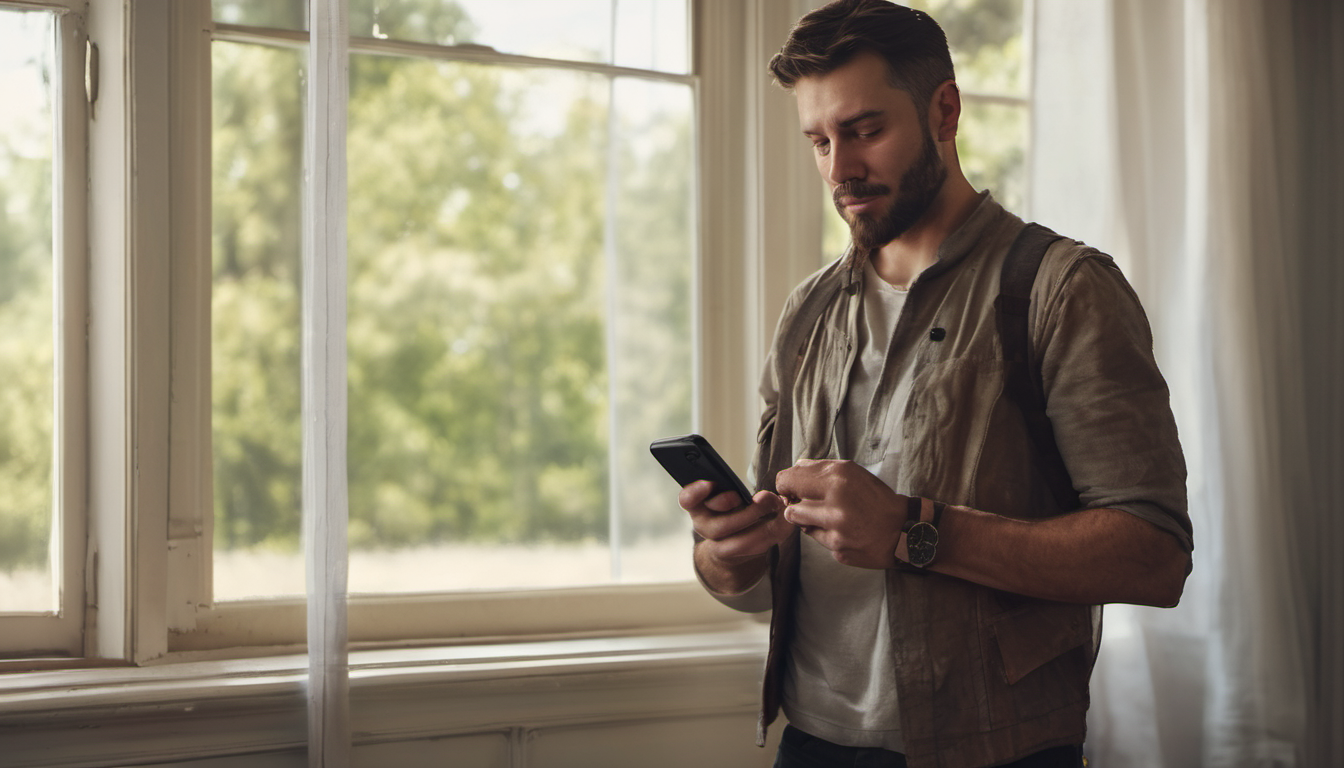 AI-generated image: A man is standing near a window, holding a smartphone in his hands.