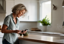 AI-generated image: A woman with gray hair is standing at a kitchen counter.
