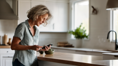 AI-generated image: A woman with gray hair is standing at a kitchen counter.