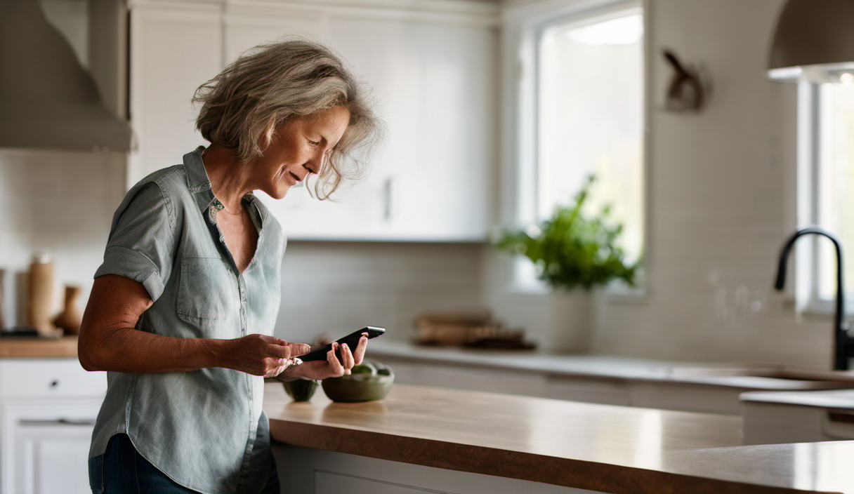 AI-generated image: A woman with gray hair is standing at a kitchen counter.