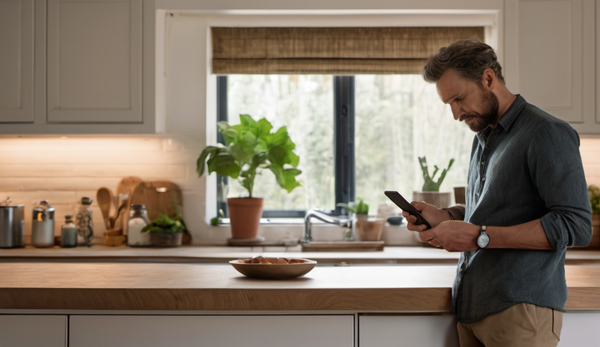 AI-generated image: A man is standing at a kitchen counter, leaning over a wooden countertop.