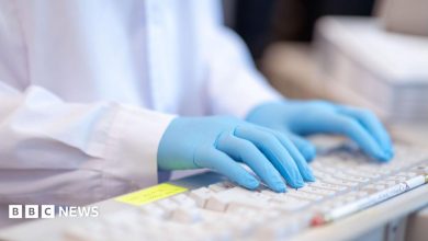 A close-up stock image of a lab worker, wearing a white coat and blue gloves, typing on a keyboard.