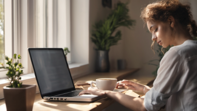 AI-generated image: A young woman with curly reddish-brown hair is sitting at a wooden table with a laptop and a mug.