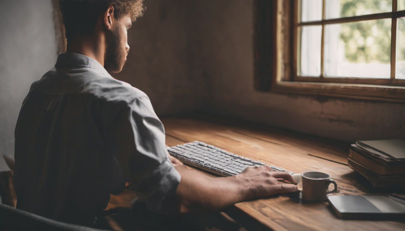 AI-generated image: A man is sitting at a wooden desk, typing on a keyboard.