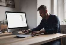 AI-generated image: A man is sitting at a wooden desk and working on a computer.