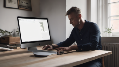 AI-generated image: A man is sitting at a wooden desk and working on a computer.