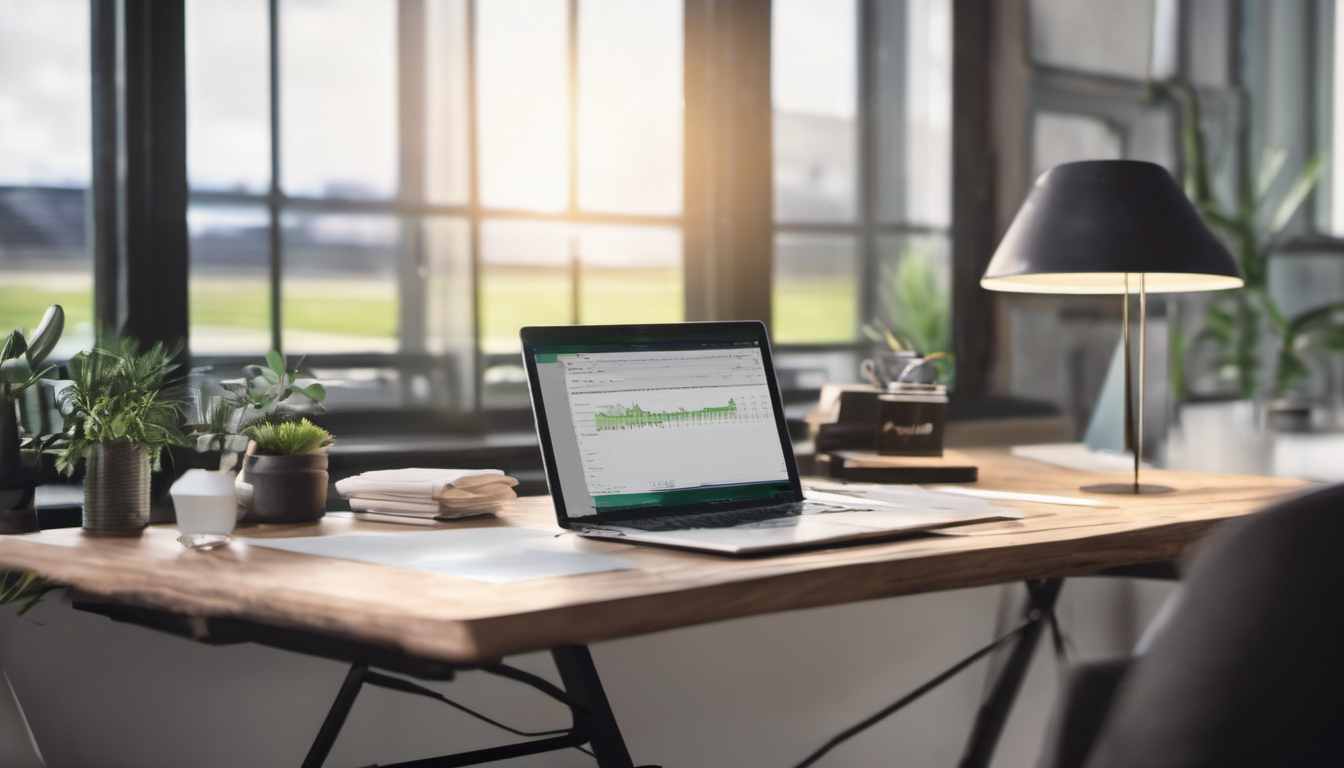 AI-generated image: A wooden desk with a laptop displaying a green graph on a screen.