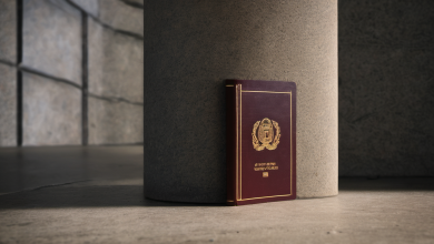 AI-generated image: A burgundy passport lies on a concrete surface.