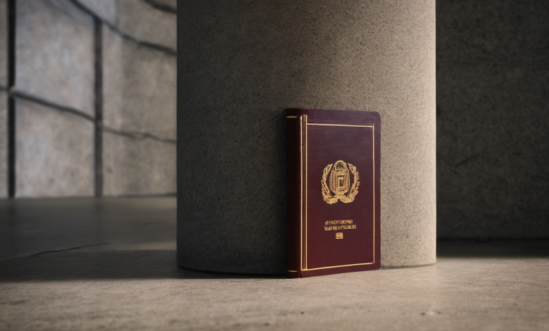 AI-generated image: A burgundy passport lies on a concrete surface.