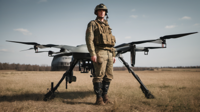 AI-generated image: A soldier wearing a camouflage uniform, helmet, and tactical vest stands outdoors.