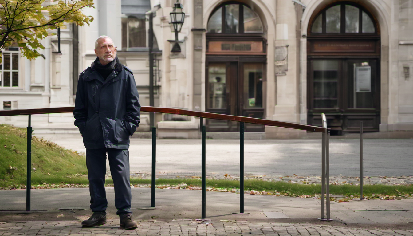 AI-generated image: A middle-aged man with short white hair is standing outdoors.