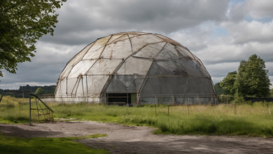 AI-generated image: A large, weathered, hemispherical structure dominates the scene.