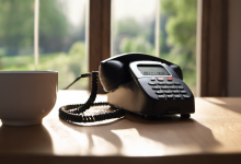 AI-generated image: A black telephone with a coiled cord sits on a wooden table.