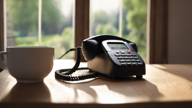 AI-generated image: A black telephone with a coiled cord sits on a wooden table.