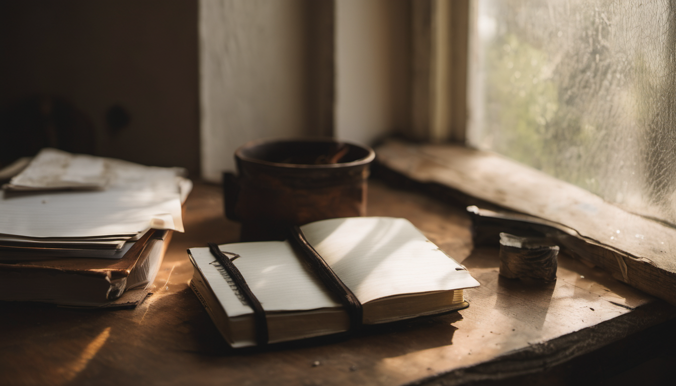 AI-generated image: A wooden table with a partially open notebook and several loose sheets of paper.