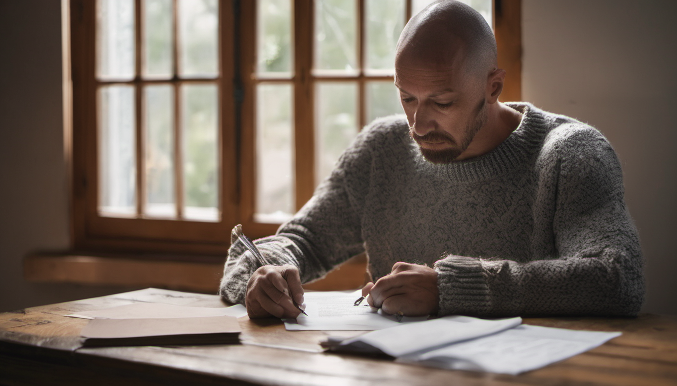 AI-generated image: A bald man with a beard is sitting at a wooden table.