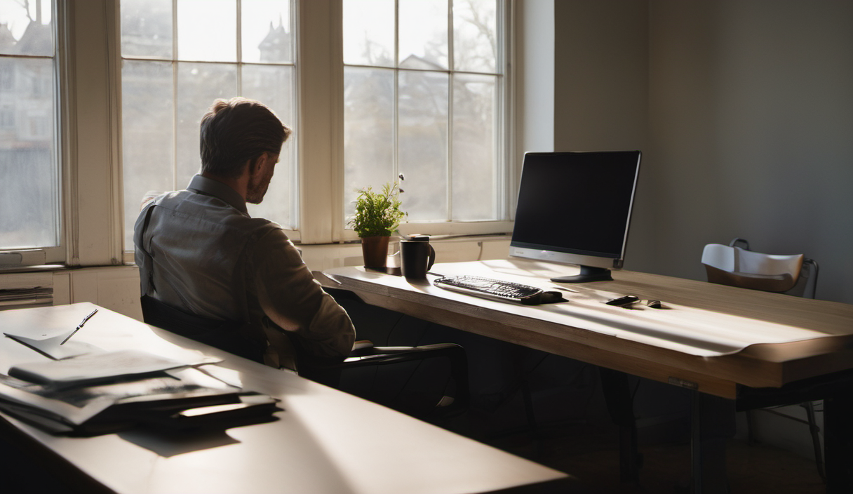 AI-generated image: A man is sitting at a desk in a room with a large window.