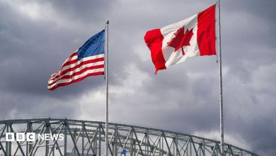 The US and Canada flags flutter next to the Blue Water Bridge border crossing in Point Edward, Ontario, on 24 October 2025.