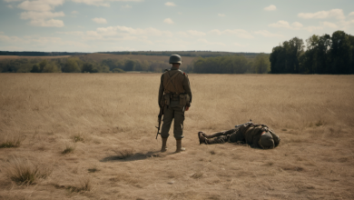 AI-generated image: The image shows a lone soldier in a field.