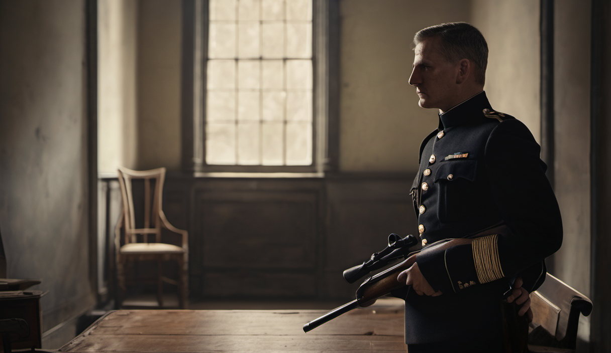 AI-generated image: A man in a dark blue military uniform with gold accents stands in a room.