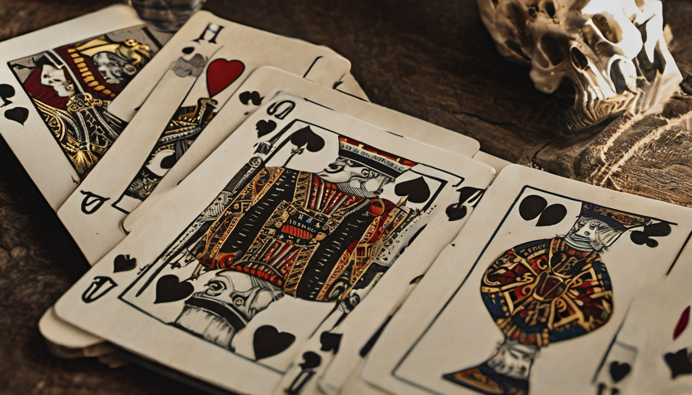 AI-generated image: A close-up photograph shows a spread of playing cards, primarily the Queen of Hearts, Jack of Spades, and King of Spades, arranged on a dark wooden surface.