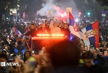 supporters of the Students' List celebrate their victory in the Serbian parliamentary elections in downtown Belgrade