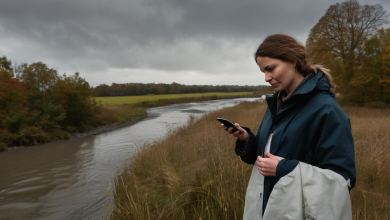 AI-generated image: A woman is standing outdoors, looking at a smartphone.